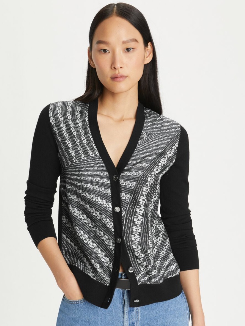 Tory Burch Black and White Patterned V-Neck Graphic Print Cardigan